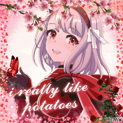 Girl With Flowers Saying I Really Like Potatoes GIF