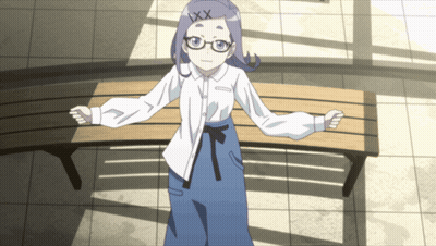 Girl With Glasses And Number XXX On Head Standing In Front Of Wooden Bench GIF
