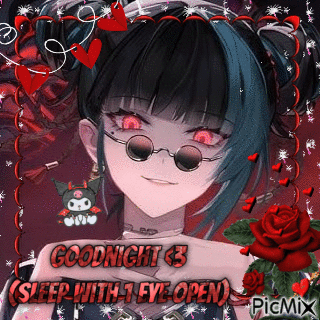 Girl With Glasses And Red Eyes Says Goodnight Sleep With 1 Eye Open GIF