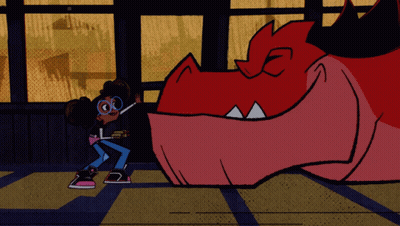 Girl With Glasses Next To Red Dragon GIF