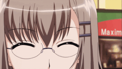 Girl With Glasses Smiling In Front Of Red Maxim Sign GIF