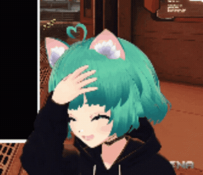 Girl With Green Hair And Cat Ears Scratching Forehead GIF