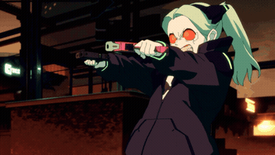 Girl With Green Hair And Red Eyes Holding Toy Gun GIF
