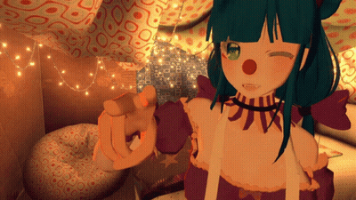 Girl With Green Hair And Red Nose Holding Toy GIF