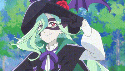Girl With Green Hair In Witch Costume And Bat Hat GIF