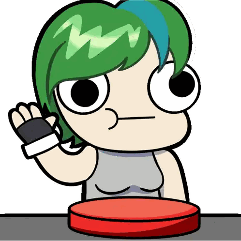 Girl With Green Hair Sitting At Red Button Sticker