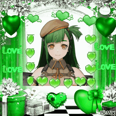 Girl With Green Hair Surrounded By Green Hearts Saying Love GIF