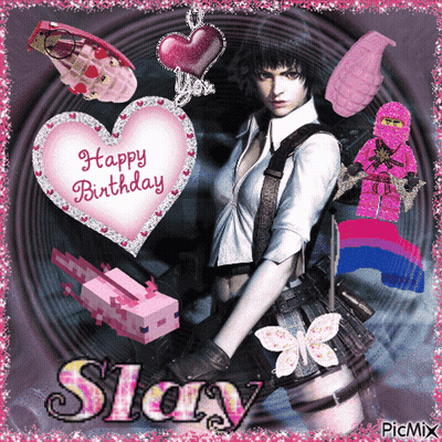 Girl With Gun And Happy Birthday Heart GIF