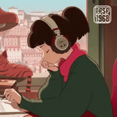 Girl With Headphones At Desk By Window GIF