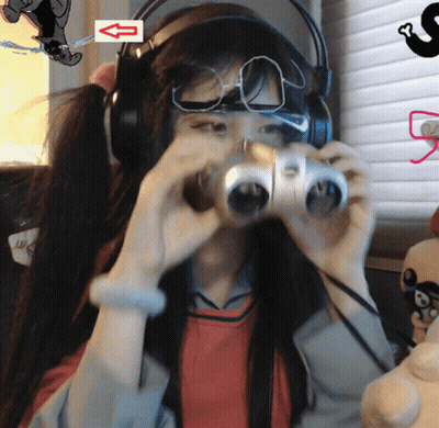 Girl With Headphones Looking Through Binoculars Arrow Left GIF