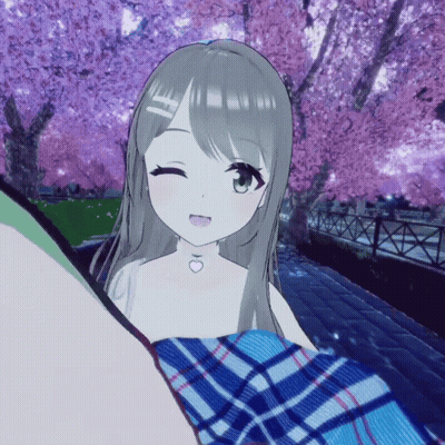 Girl With Heart Necklace Winking Near Cherry Blossom Tree GIF