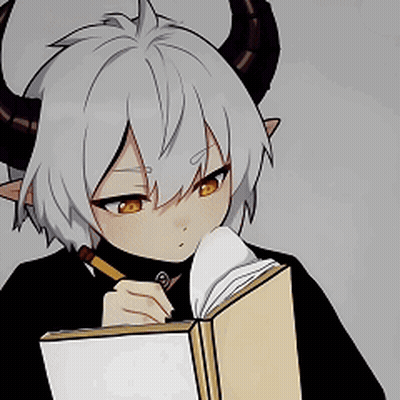 Girl With Horns Reading Book With Pen GIF