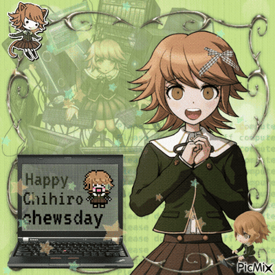 Girl With Laptop Says Happy Chihiro Chews Day GIF