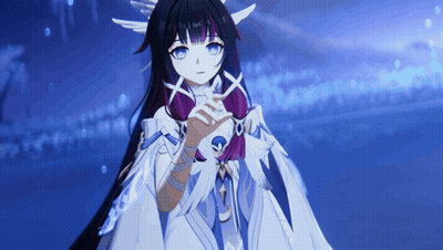 Girl With Long Black Hair And Blue Eyes In White And Purple Dress GIF