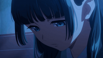 Girl With Long Black Hair And Blue Eyes Looking Down GIF