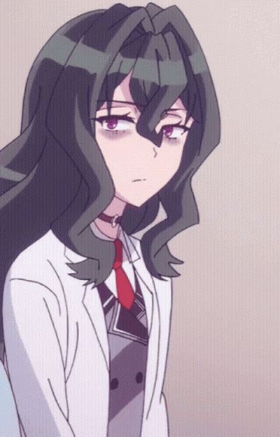 Girl With Long Black Hair And Purple Eyes In White Coat And Red Tie GIF