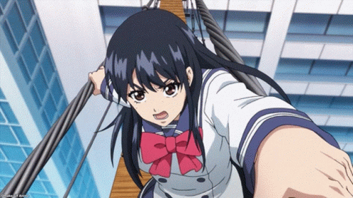 Girl With Long Black Hair And Red Bow On Rope Bridge GIF