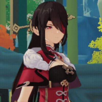 Girl With Long Black Hair And Red Eyes Standing In Forest GIF