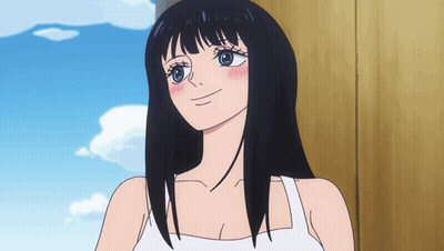 Girl With Long Black Hair And White Tank Top Smiling GIF
