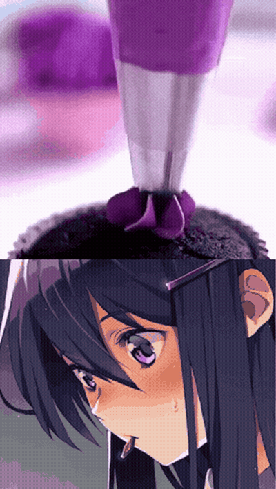 Girl With Long Black Hair Decorated With Purple Frosting GIF