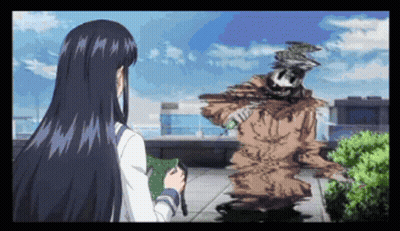 Girl With Long Black Hair Next To Statue GIF