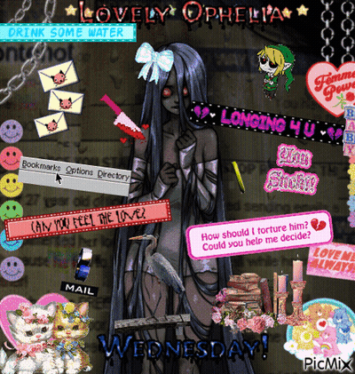 Girl With Long Black Hair Surrounded By Lovely Ophelia Stickers GIF
