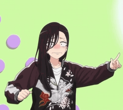 Girl With Long Black Hair Wearing Jacket With Bird Pointing GIF