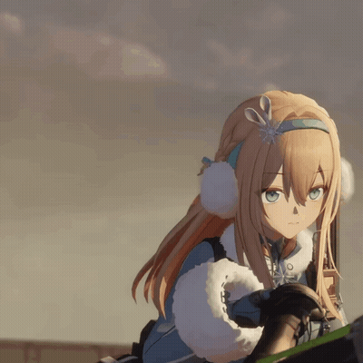 Girl With Long Blonde Hair And Blue Eyes Holding Rifle GIF