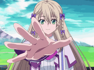 Girl With Long Blonde Hair And Purple Bows Reaching Out GIF