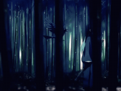 Girl With Long Blue Hair Holding Sword In Forest GIF
