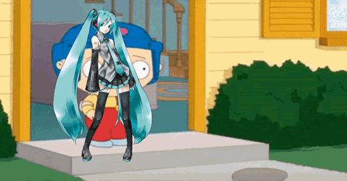 Girl With Long Blue Hair In Front Of Yellow House GIF