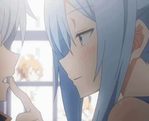 Girl With Long Blue Hair Touching Friend's Nose GIF