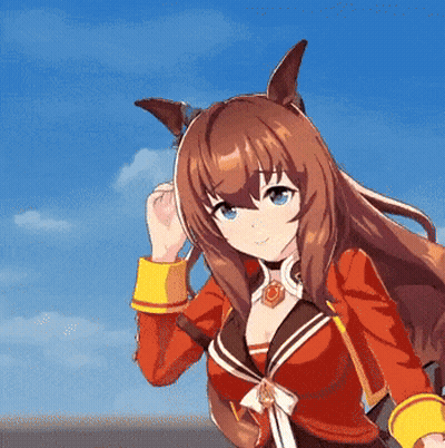 Girl With Long Brown Hair In Red Jacket And Yellow Cuffs GIF
