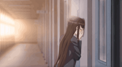 Girl With Long Hair Covering Face In Hallway GIF