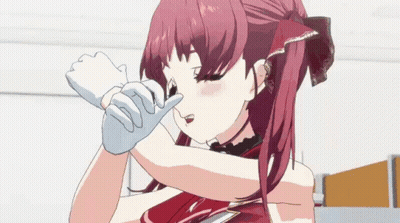 Girl With Long Red Hair In White Gloves And Red Dress GIF
