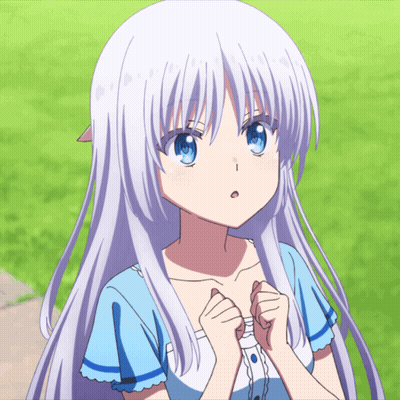 Girl With Long White Hair And Blue Eyes In Blue Dress GIF
