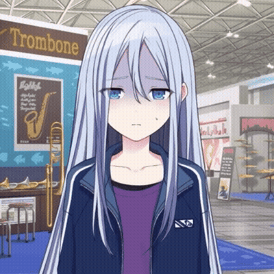 Girl With Long White Hair In Front Of Trombone Poster GIF