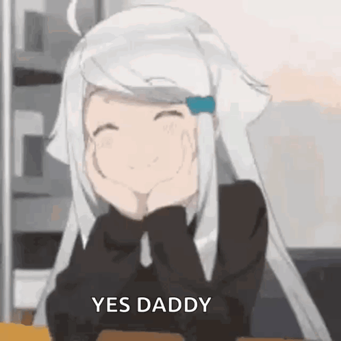 Girl With Long White Hair Sitting At Table GIF