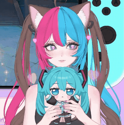 Girl With Pink And Blue Hair Holding Stuffed Doll GIF