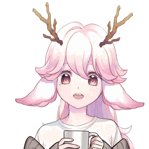 Girl With Pink Hair And Antlers Holding Mug Sticker