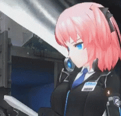 Girl With Pink Hair And Blue Eyes In Black Jacket And Tie With Ambulance Name Tag GIF