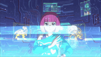 Girl With Pink Hair And Blue Shirt In Front Of Screen GIF