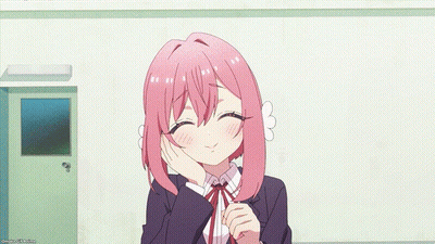 Girl With Pink Hair And Bow Tie Smiling Hand To Face GIF
