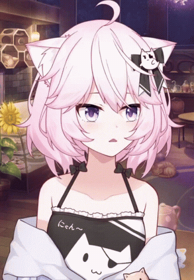 Girl With Pink Hair And Cat Shirt And Bow GIF