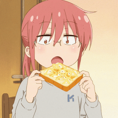 Girl With Pink Hair And Glasses Eating Toast With K Shirt GIF