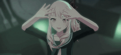 Girl With Pink Hair And Green Eyes Holding Fists Up GIF