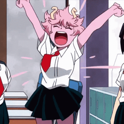 Girl With Pink Hair And Horns Sitting With Arms Out GIF