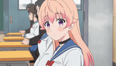 Girl With Pink Hair And Purple Eyes At Desk In Classroom GIF