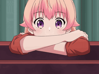Girl With Pink Hair And Purple Eyes Leaning On Table GIF