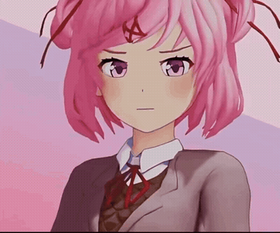 Girl With Pink Hair And Purple Eyes Looking At Camera GIF